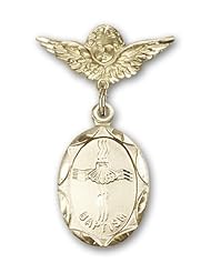 Gold Filled Baby Badge with Baptism Charm and Angel w/Wings Badge Pin