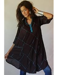 BLACK TEAL BLOUSE TUNIC PATCH ASYM - FITS (ONE SIZE) - L XL 1X 2X - Y704 LOTUSTRADERS