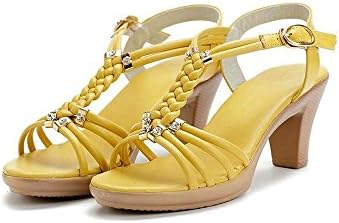 Yellow Open Toe Mid Chunky Heel Sandals with PU Woven T Bar 5 M US Women