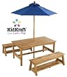 Table & Benches with Blue Umbrella