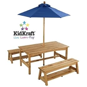 Table and Benches with Blue Umbrella by CutieBeauty kI