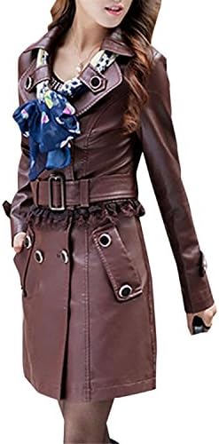 oppicong Women's Faux Leather Lace Detchable Long Overcoat CoffeeX-Large