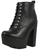 Soda Women's Gru Faux Leather Lace-Up Thick Platform Chunky Heel Lug Ankle Bootie, Black, 7 M US