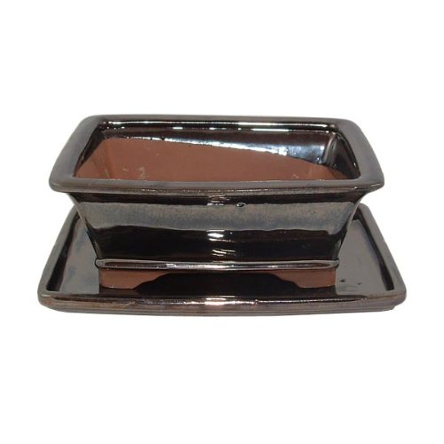 21cm Metallic Glazed Bonsai Pot and Tray Set