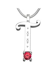 Sterling Silver Letter T - July Ruby Birthstone 18 Inch Necklace