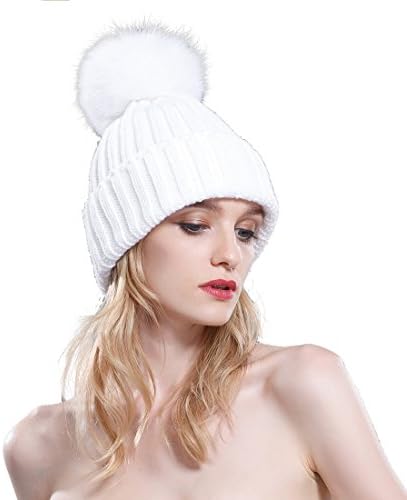 Thermal Winter Fur Hat Fox Raccoon Fur Ball Female Knitted Hat Lovers Hat (White & White Fox Ball)