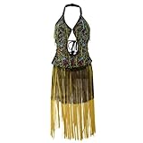 Halter Neck Colorful Beads Tassel Latin Tango Salsa Rhythm Dance Dress