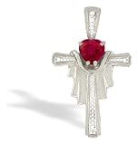 14K White Gold Genuine Heart Ruby and Diamond Cross Pendant