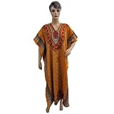 Evening Wear Long Caftan 100% Cotton Trident Print Yellow Kaftan Kimono Sleeve