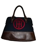 Women’s Tommy Hilfiger Satchel Style Handbag (Navy/Brown With A Red TH Logo on the Front)