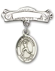 Sterling Silver Baby Badge with St. Sebastian Softball Charm and Arched Polished Badge Pin