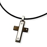Mens Stainless Steel and Black Plate Cross Necklace with Cubic Zirconia