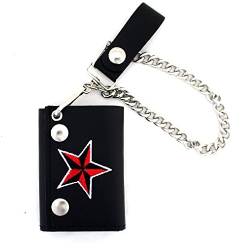 Men's Biker Red Nautical Star on Black Leather Chain Wallet Trifold Billfold