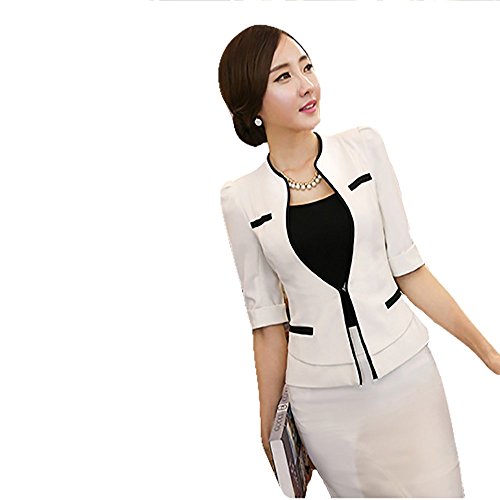 Wolfmen 選べる4色 レディーススーツ 半袖 スーツ コートとスカート 上下セット ストレッチ 細身 OL 大きいサイズ お洒落 通勤 フロント 制服 就活 ウォッシャブル スカートスーツ 美ライン　美容院 フォーマルスーツ