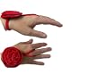 1-Button Shortie Red Velvet Fingerless Flirt Gloves with a 2 3/4" Rosette Flower at the wrist. Cuff extends to the wrist bone.