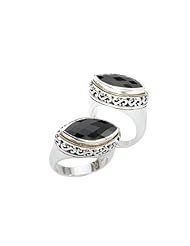 925 Silver & Faceted Onyx Marquise Ring with 18k Gold Accents- Sizes 6-8