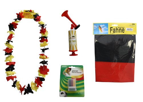 Idena 970204 – EM-Set für Ihn mit Air-Horn, Schminkstift, Hawaii-Kette und Fahne, 60 x 90 cm
