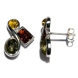 Certified Genuine Multicolor Amber and Sterling Silver Mosaic Earrings