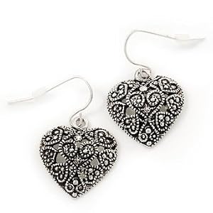 Silver Hearts Earrings Marcasite Burn Silver 'Heart' Drop Earrings - 3cm Length
