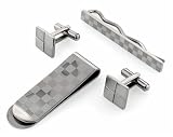 Jewelry : Stainless steel set of cufflinks, tie slide and money clip with square patterning