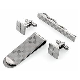 Stainless steel set of cufflinks, tie slide and money clip with square patterning by Money Clips