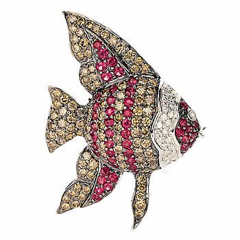 14k White Gold Brown And White Diamond Fish Pin
