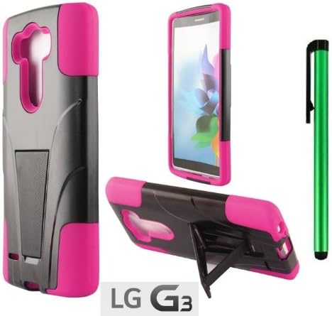 LG G3 Premium T-Stand / Side-Stand Hybrid Holster Design Protector Hard Cover Case (For 2014 LG New Flagship Android Phone) + 1 of New Assorted Color Metal Stylus Touch Screen Pen (PINK / BLACK)