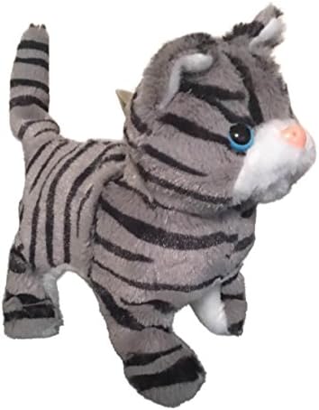 The Walking Tail Wagging Meowing Kitty Cat Pet Toy (BATTERIES and Bonus Easybuy Crayon Set INCLUDED)Gray Striped