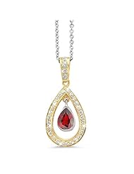 Twin Pear Shaped Diamond Pendant In 18K Yellow Gold With A 1.00 ct. Genuine Garnet Center Stone.