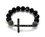 Black 12mm Glass Beaded Bracelet with Iced Out Cross and Disco Balls Shamballa