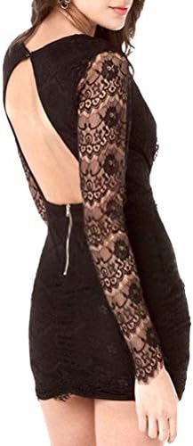 Women's Deep-V Neck Long Sleeve Backless Lace Mini Dress Black