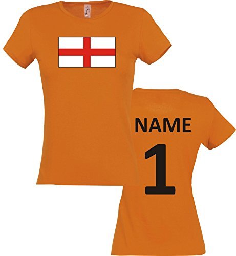 Lady T-Shirt England Ländershirt mit Wunschnamen und Nummer, Farbe orange, Größe L
