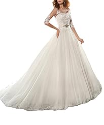 A-line Lace Jeweled  Sequined Applique Beaded Elbow Length Sleeves Tulle  Dress with a Chapel Train  With Ruffles