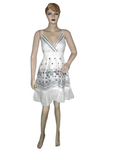 Womens White Tribal Embroidered Bohemian Summer Sundress Spaghetti Dress