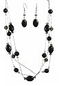 Necklace - N336 - Triple Strand ~ Black Onyx Gemstone and Glass Beads (18") + Matching Earrings