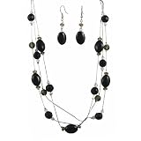 Necklace - N336 - Triple Strand ~ Black Onyx Gemstone and Glass Beads (18") + Matching Earrings