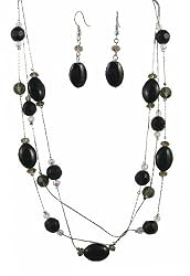 Necklace - N336 - Triple Strand ~ Black Onyx Gemstone and Glass Beads (18") + Matching Earrings