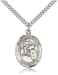 .925 Sterling Silver Saint St. Christopher/Motorcycle Medal Pendant 1/2 x 1/4 Inches Travelers/Motorists-9185- Comes with a SS Lite Curb Chain Neckace And a Black velvet Box