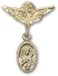 Gold Filled Baby Badge with O/L of Czestochowa Charm and Angel w/Wings Badge Pin