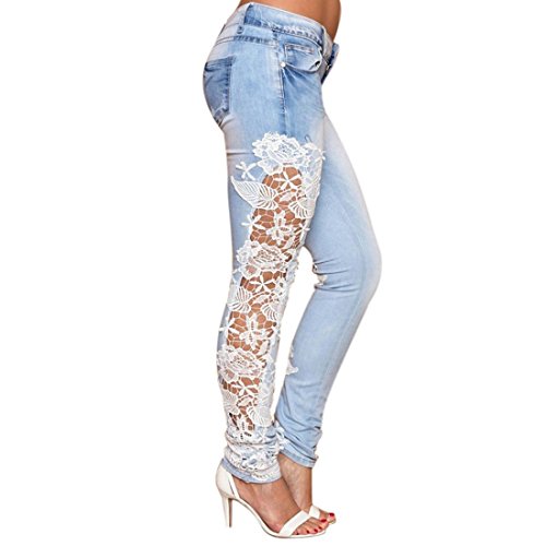 Towallmark Lace Floral Skinny Spliced Hollow out Hole Straight Jeans