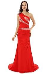 Chiffon One Shoulder Mermaid Sequined Lace-Up Pleated Beaded Ruched Backless  Prom Dress  With Ruffles