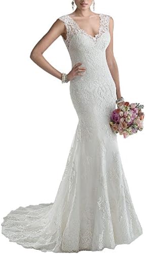 Ankang Women's V-neck Elegant Lace Mermaid Wedding Dress Bridal Gowns Ivory US16