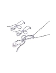 Nickel Free Sterling Silver Pendant & Earring Sets Ribbon Like CZ Set With Pearl