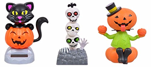 Halloween Solar Dancing Pumpkins, Skull Heads and Black Cat, 3-pc Set