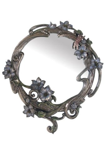 2 foot Silvery Art Nouveau Wall Mirror with Blue Delphinium Blossoms