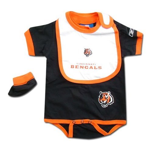 Cincinnati Bengals NCAA Infants   Babys   Kids Black and Orange Creeper  White Bib  and Bootie Set by Reebok