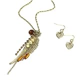 Long Winged Pendant Necklace Set Gold Metal with Amber Rhinestones