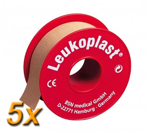 5x Leukoplast stark klebendes Fixierpflaster, je 1,25cm x 9,2m / Zum zuverlässigen Befestigen von Verbänden / Wasserabweisend / Luftdurchlässig / 5 Rollen