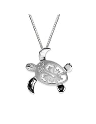 Sterling Silver Turtle and Hibiscus Necklace Pendant with Chain (15mm)