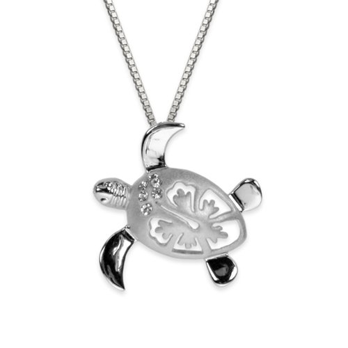 Sterling Silver Turtle and Hibiscus Jewelry Necklace with Chain (15mm)